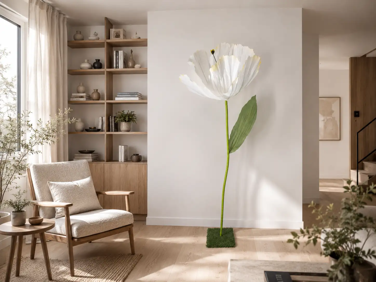 Tulipano Bianco Salotto minimalista scandinavo con fiore d'arte 2