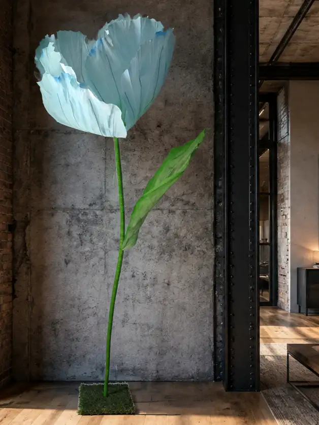 Tulipano Celeste Loft industriale con fiori e luce2
